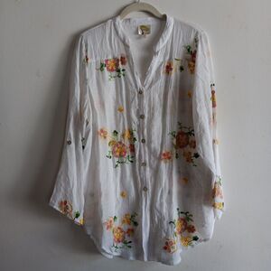 Fig & Flower Womens Floral Embroidered Button Up Top Boho Festival Lightweight
